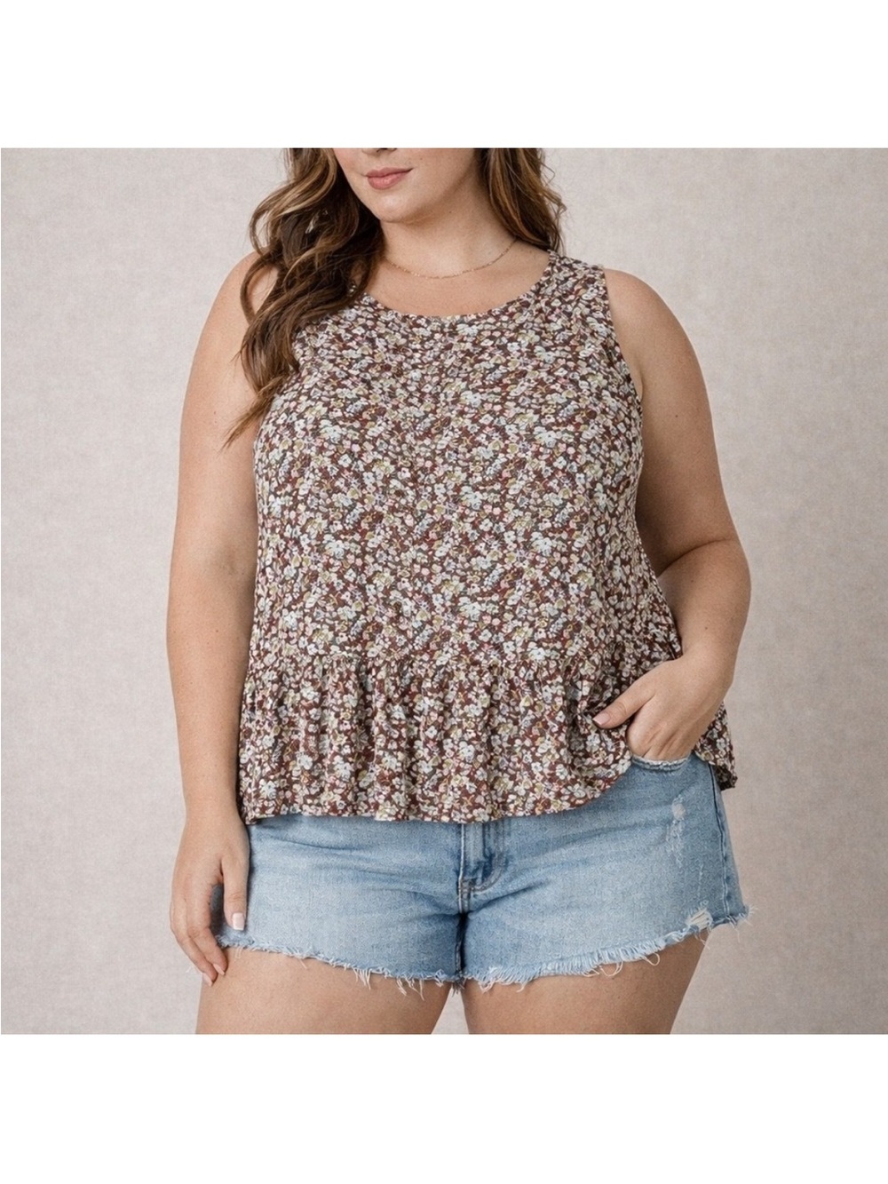 🆕 Cotton Bleu Floral Peplum Sleeveless Girly Ruffle Tank Top 2X